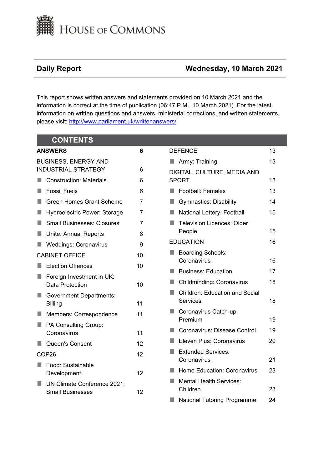 Daily Report Wednesday, 10 March 2021 CONTENTS