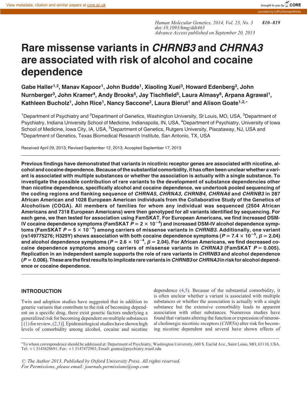 Rare Missense Variants in CHRNB3 and CHRNA3 Are Associated with Risk of Alcohol and Cocaine Dependence