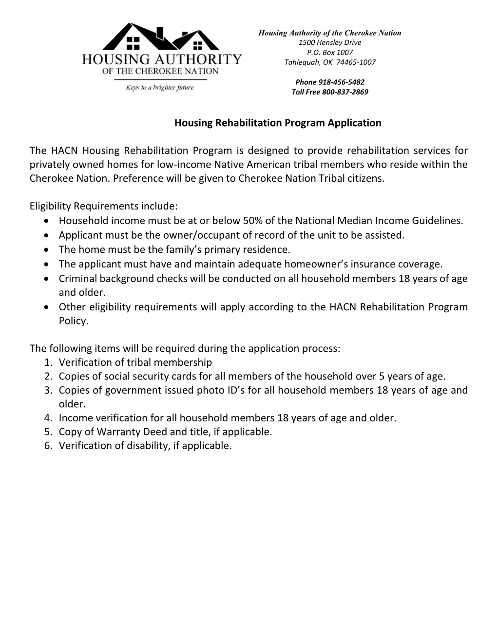 Housing Rehabilitation Program Application