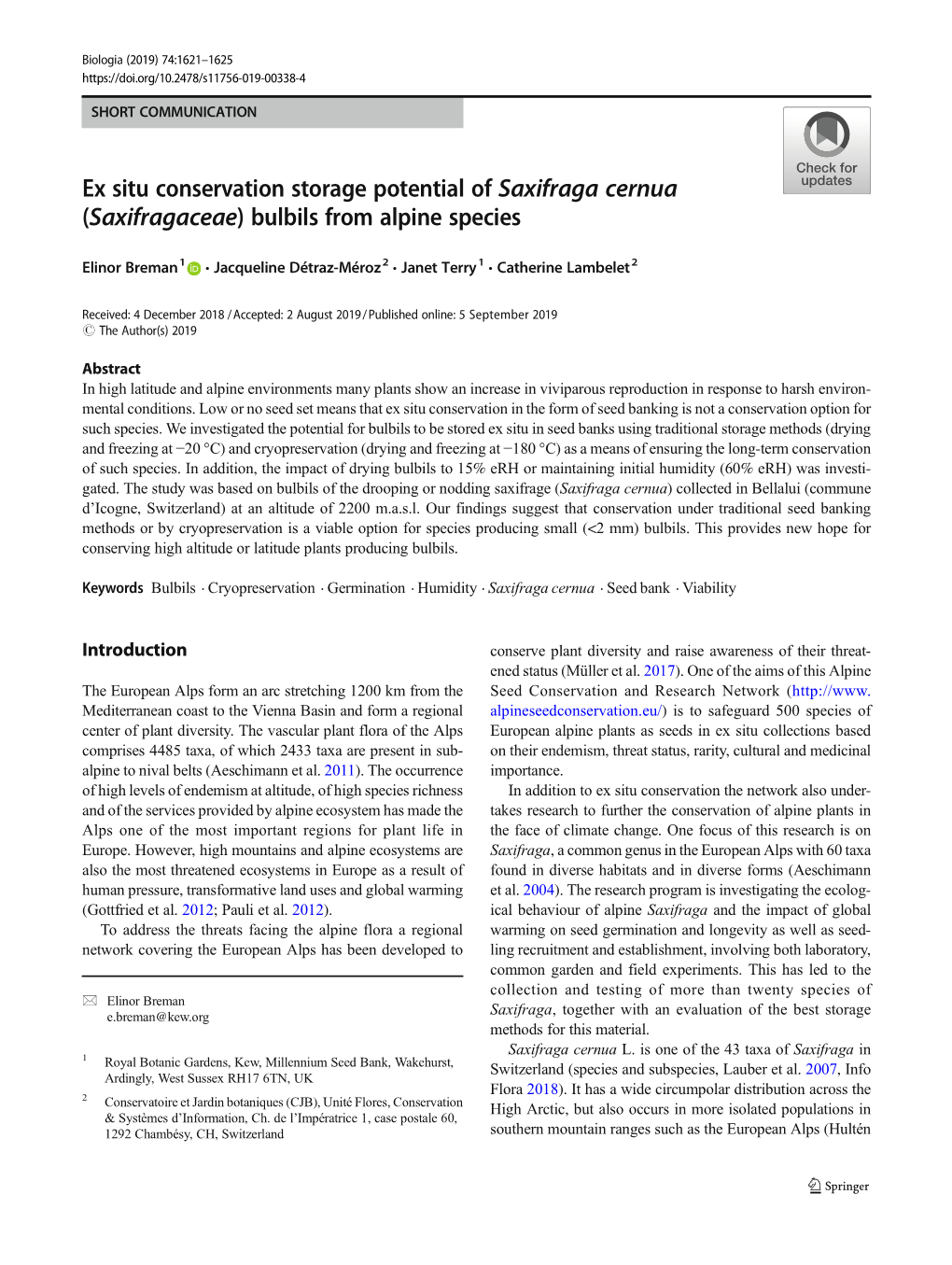 Ex Situ Conservation Storage Potential of Saxifraga Cernua (Saxifragaceae) Bulbils from Alpine Species