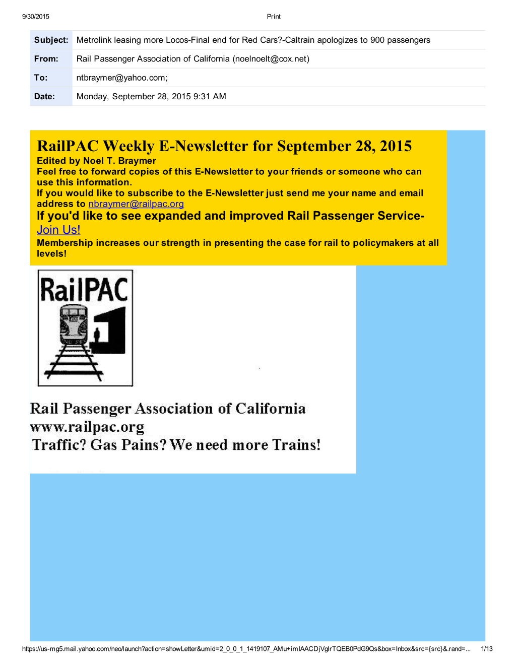 Railpac Weekly Enewsletter for September 28, 2015