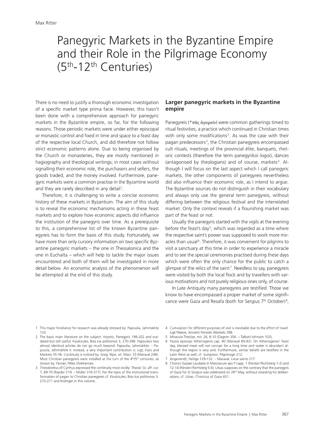 Panegyric Markets in the Byzantine Empire and Their Role in the Pilgrimage Economy (5Th-12Th Centuries)