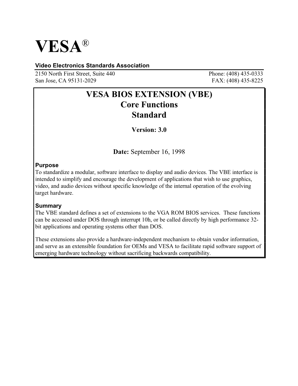 VESA BIOS EXTENSION (VBE) Core Functions Standard