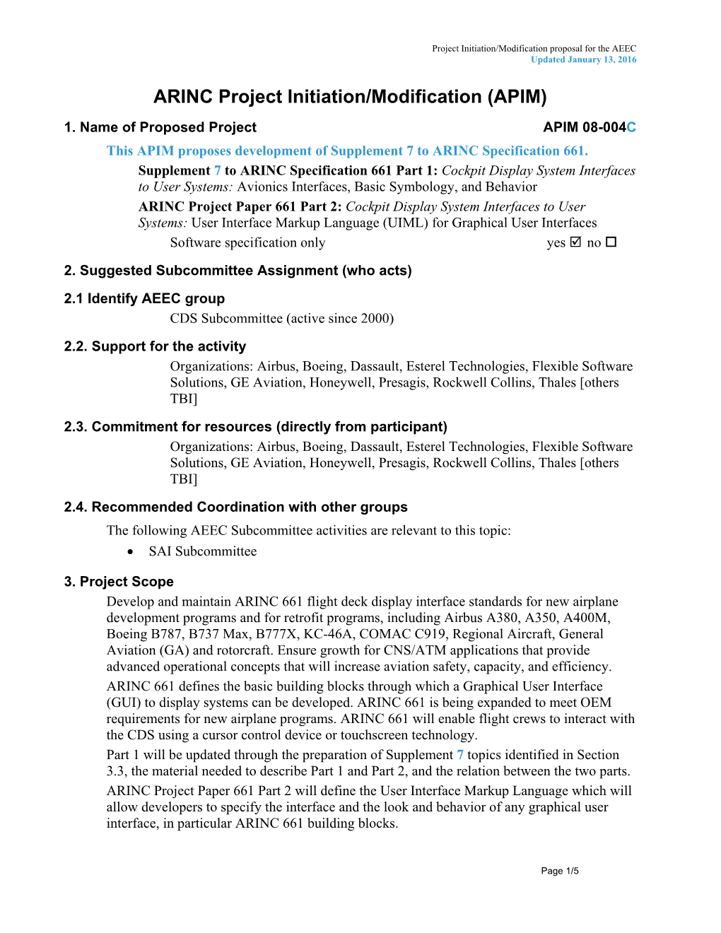 ARINC Project Initiation/Modification (APIM) 1