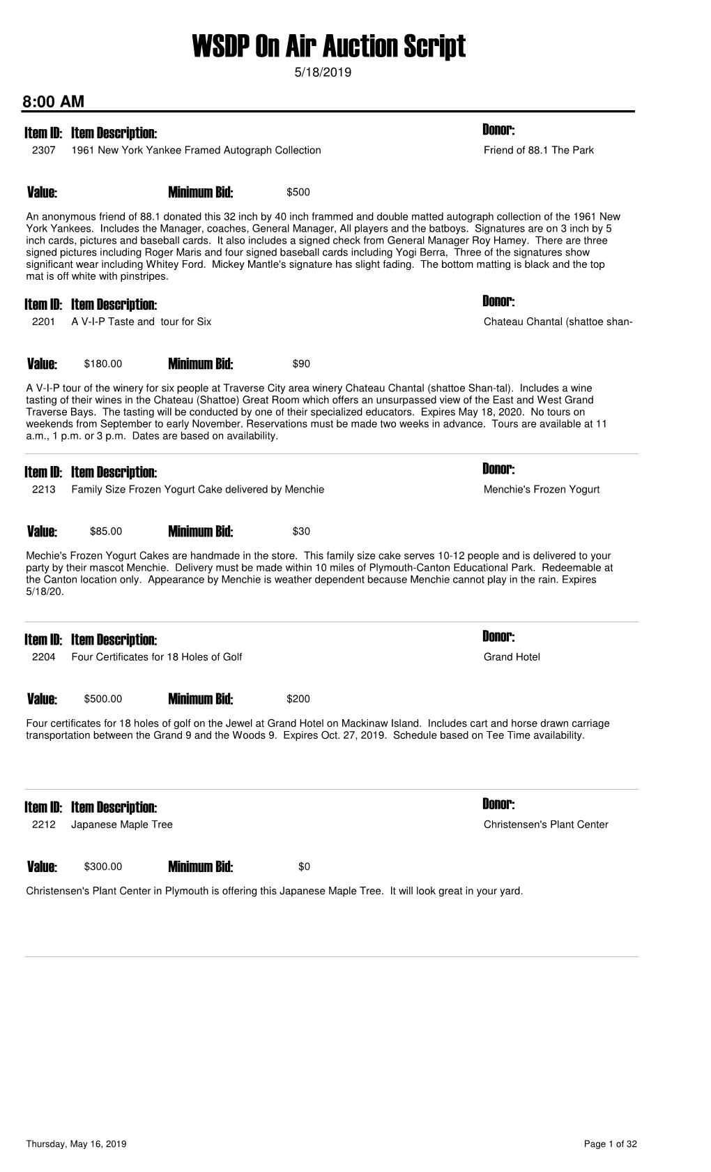 WSDP on Air Auction Script 5/18/2019 8:00 AM