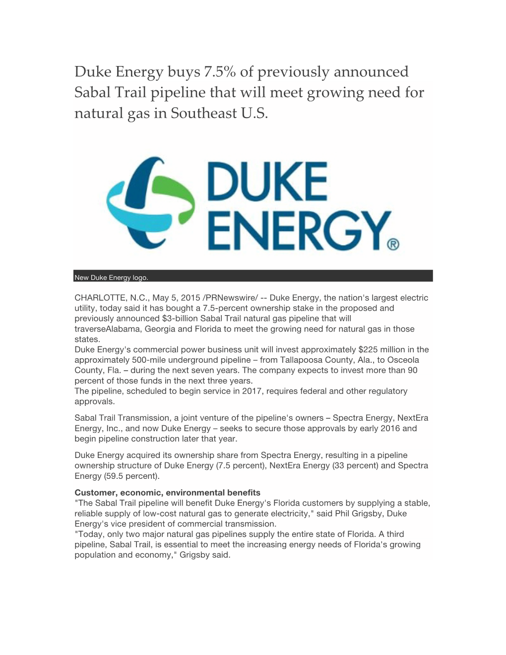 Duke Energy Buys 7.5% of Previously Announced Sabal Trail Pipeline That Will Meet Growing Need for Natural Gas in Southeast U.S