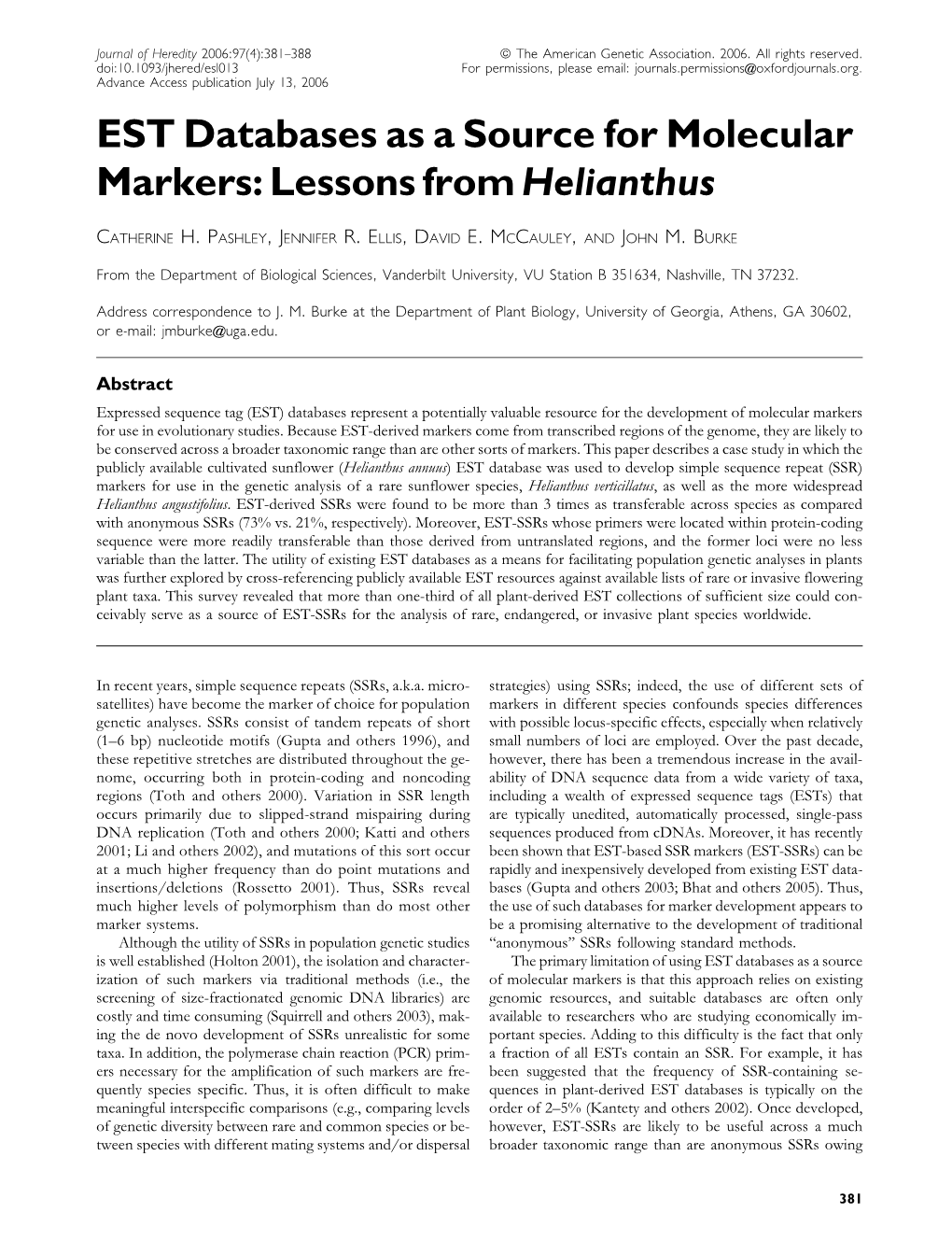 EST Databases As a Source for Molecular Markers: Lessons from Helianthus