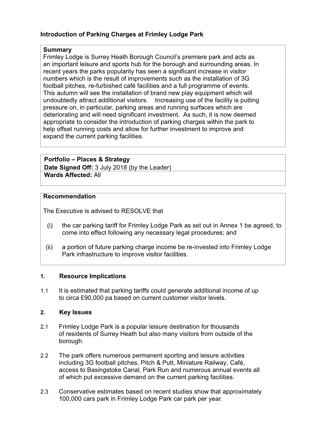 Introduction of Parking Charges at Frimley Lodge Park Summary