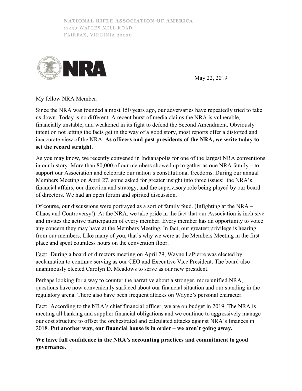 May 22, 2019 My Fellow NRA Member: Since the NRA Was