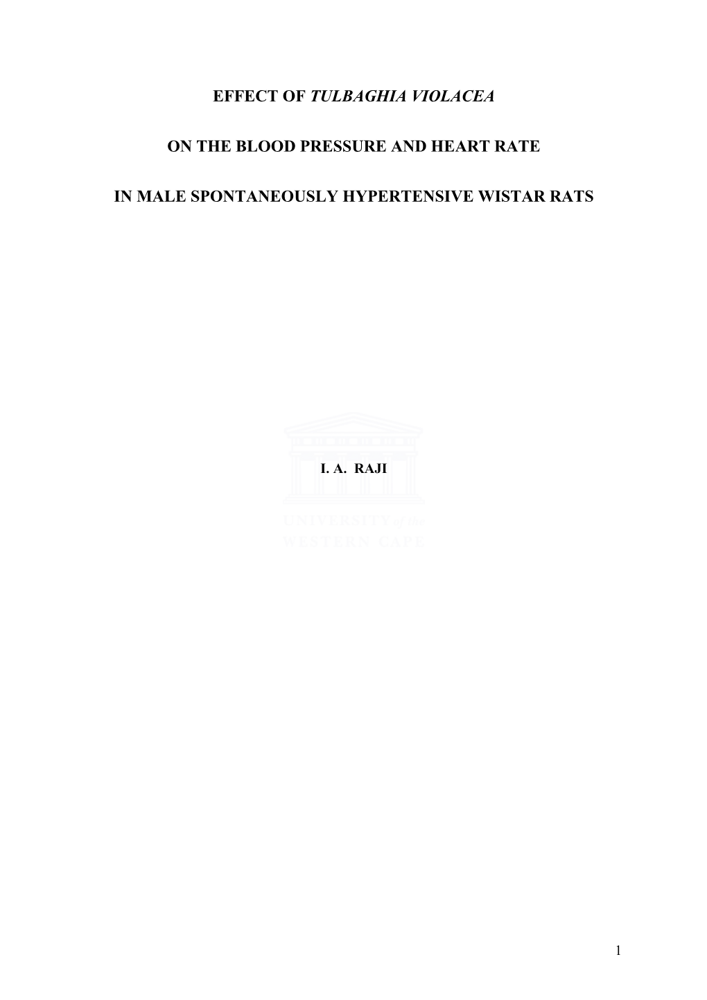 Effect of Tulbaghia Violacea on the Blood Pressure and Heart Rate in Male Spontaneously Hypertensive Wistar Rats