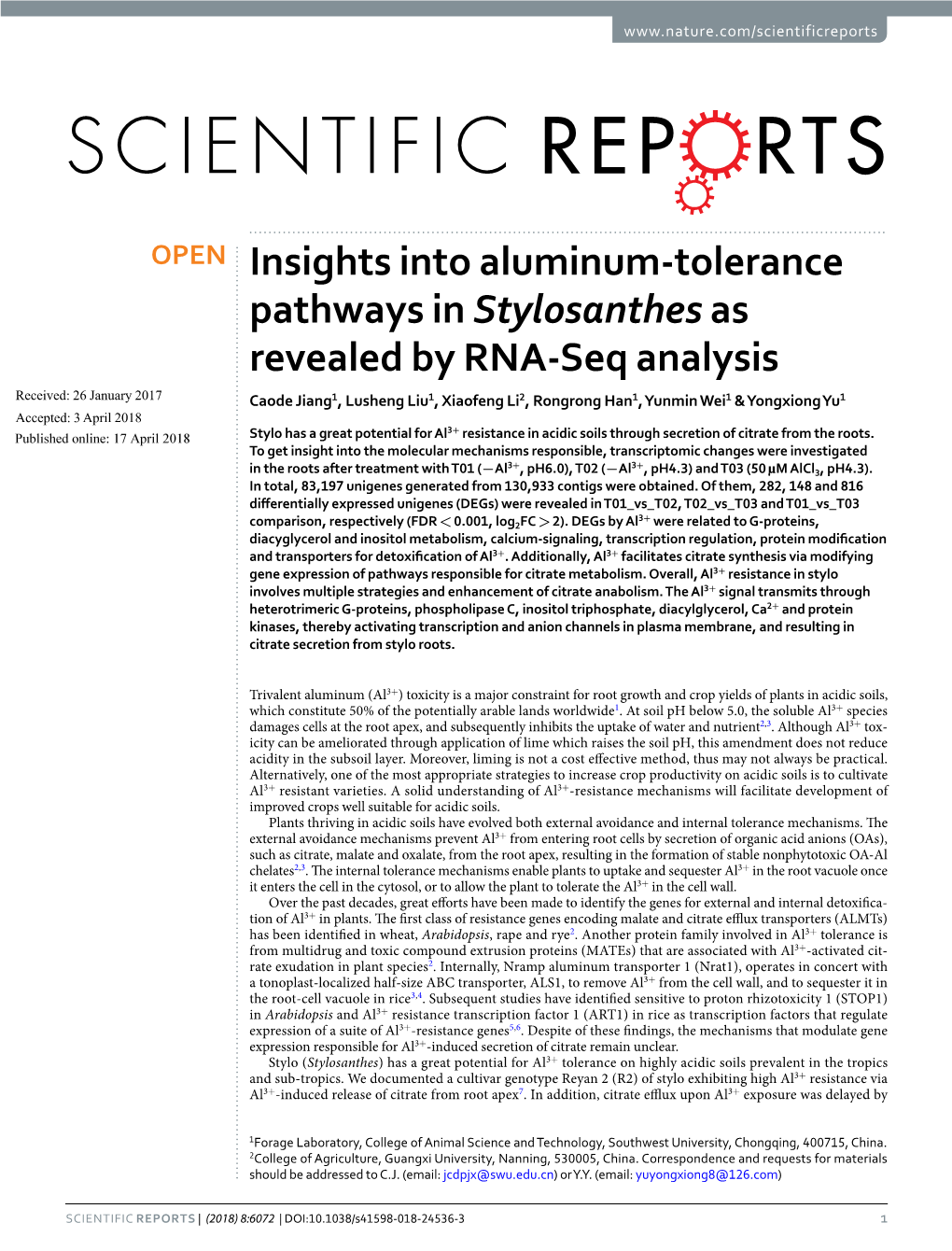 Insights Into Aluminum-Tolerance Pathways in Stylosanthes As