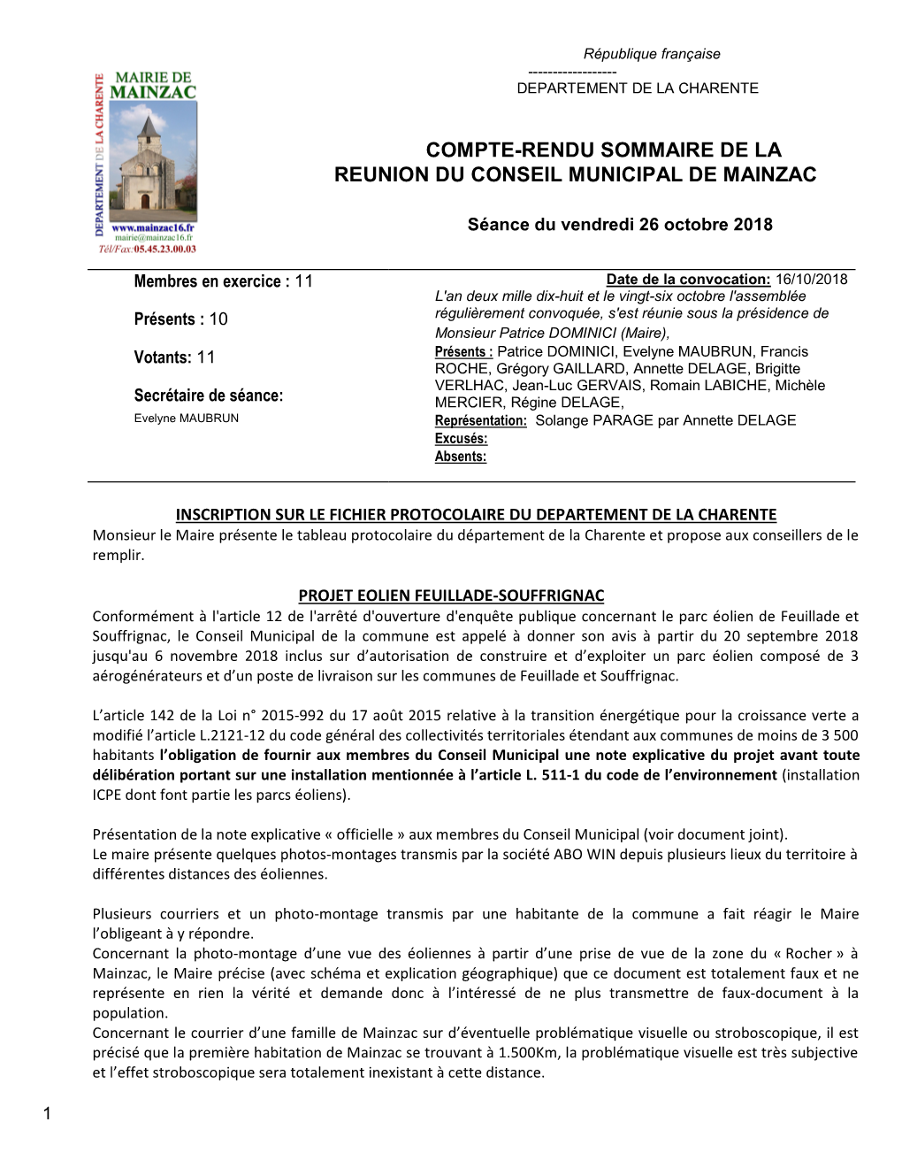 Compte-Rendu Sommaire De La Reunion Du Conseil Municipal De Mainzac