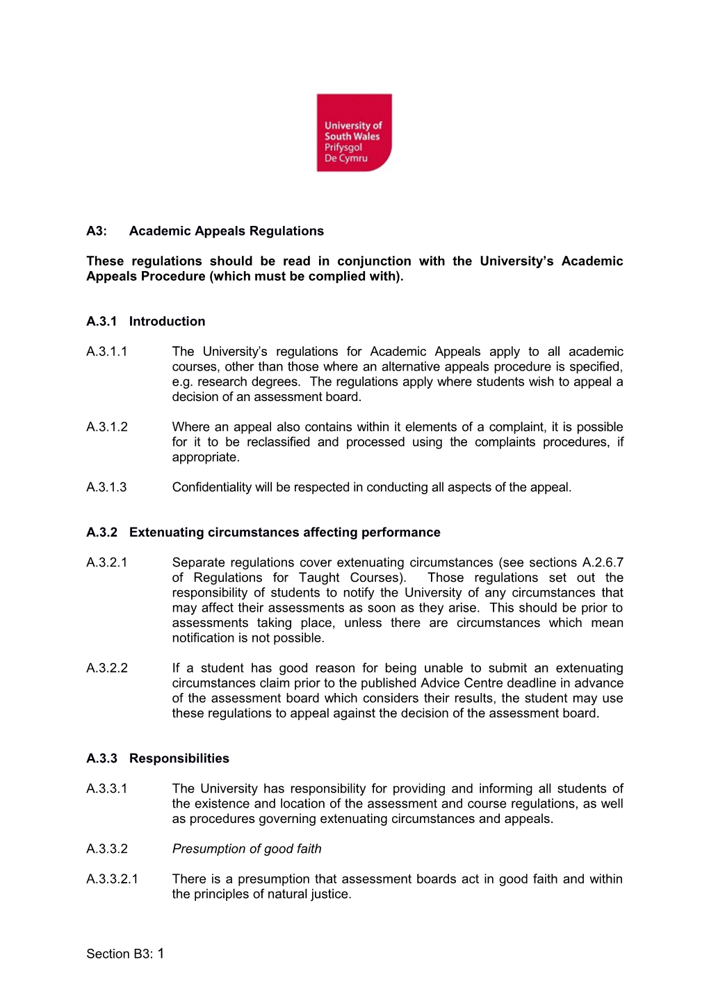 A3: Academic Appeals Regulations