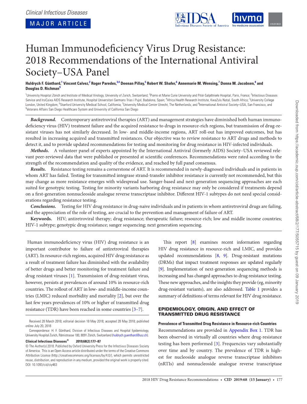 Human Immunodeficiency Virus Drug Resistance: 2018 Recommendations of the International Antiviral Society–USA Panel Huldrych F