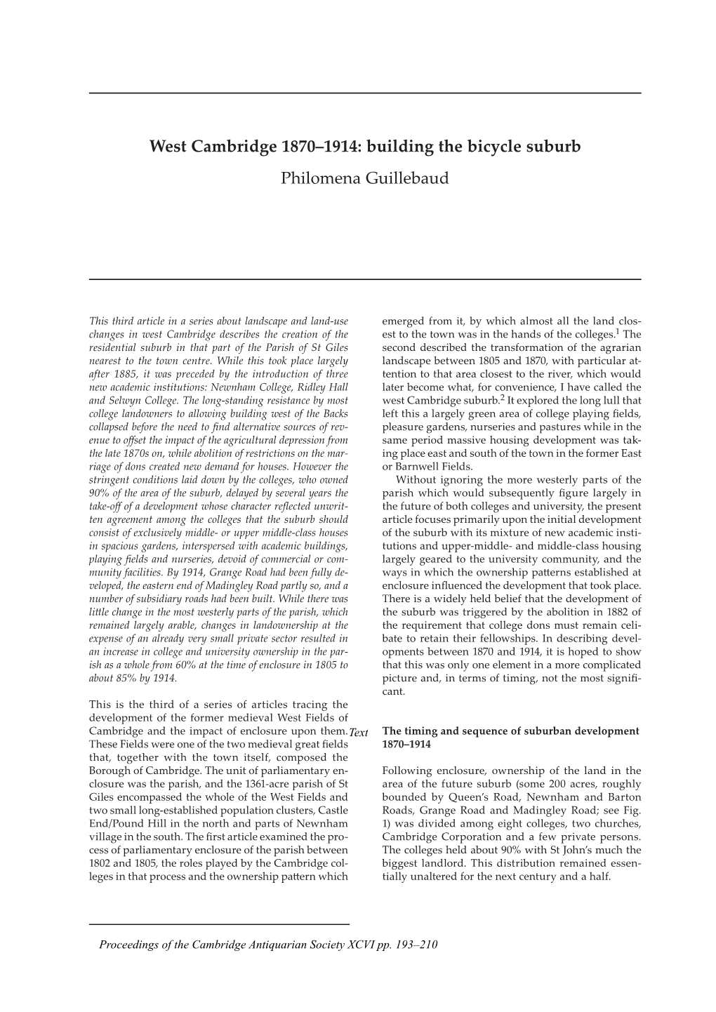 West Cambridge 1870–1914: Building the Bicycle Suburb Philomena Guillebaud