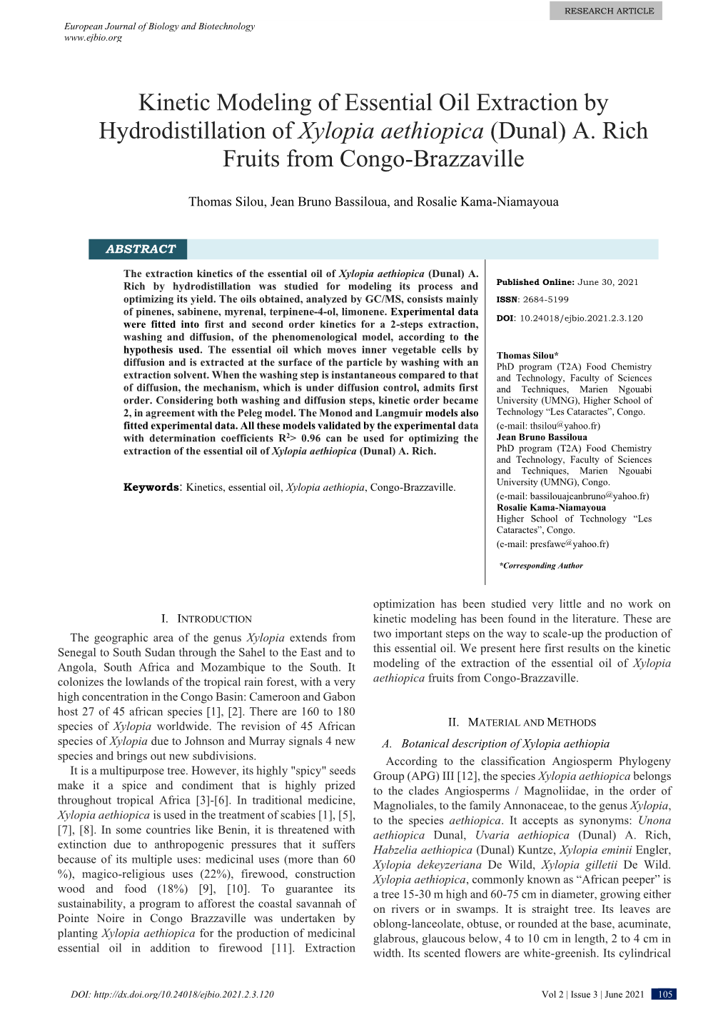 Kinetic Modeling of Essential Oil Extraction by Hydrodistillation of Xylopia Aethiopica (Dunal) A. Rich Fruits from Congo-Brazzaville