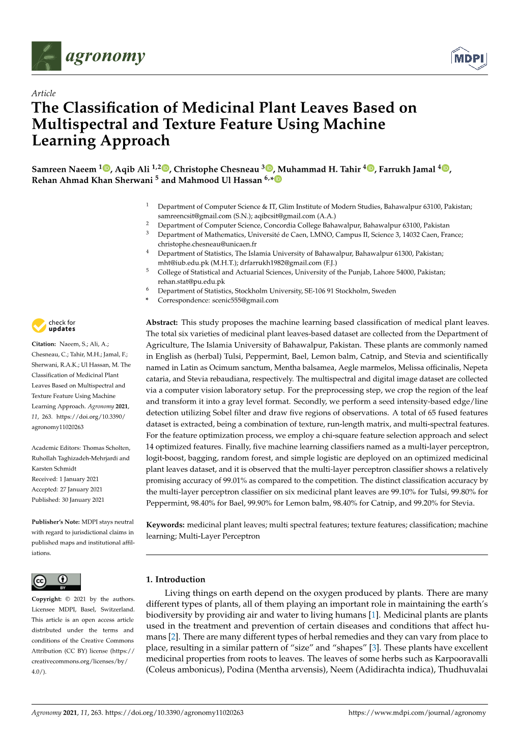 The Classification of Medicinal Plant Leaves Based on Multispectral And