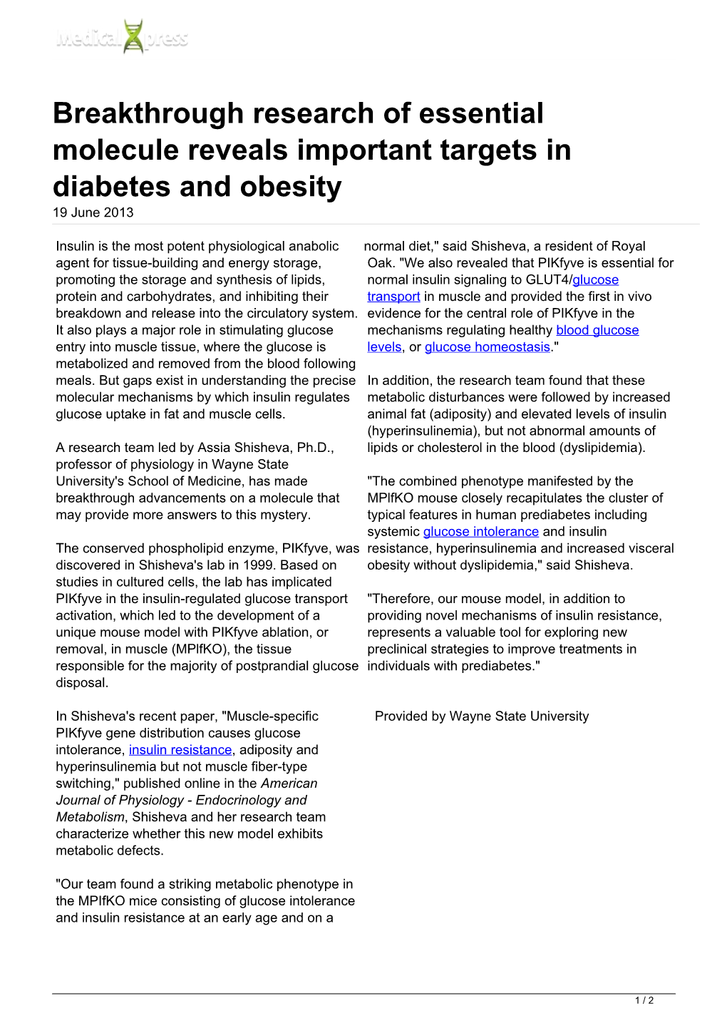 Breakthrough Research of Essential Molecule Reveals Important Targets in Diabetes and Obesity 19 June 2013