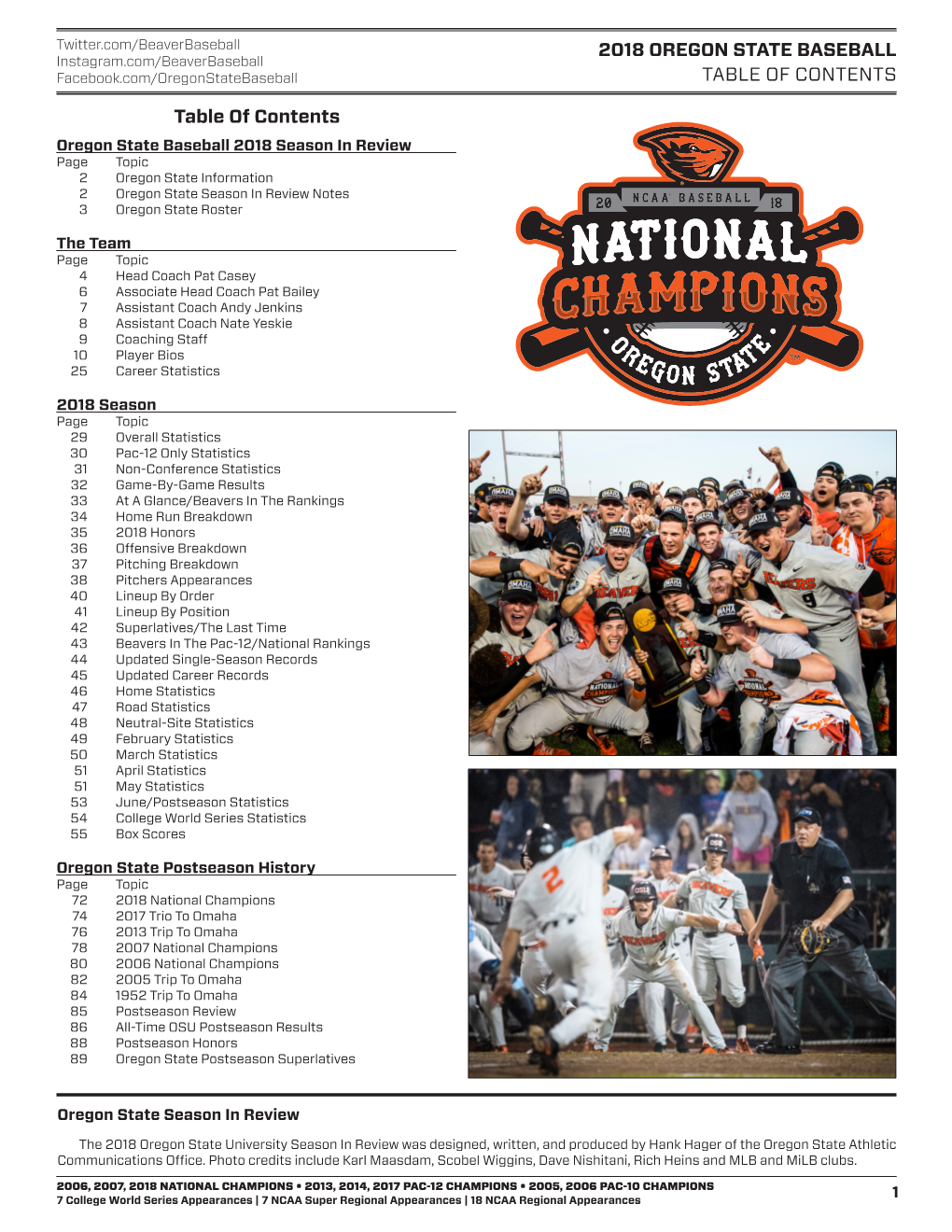 2018 OREGON STATE BASEBALL TABLE of CONTENTS Table Of