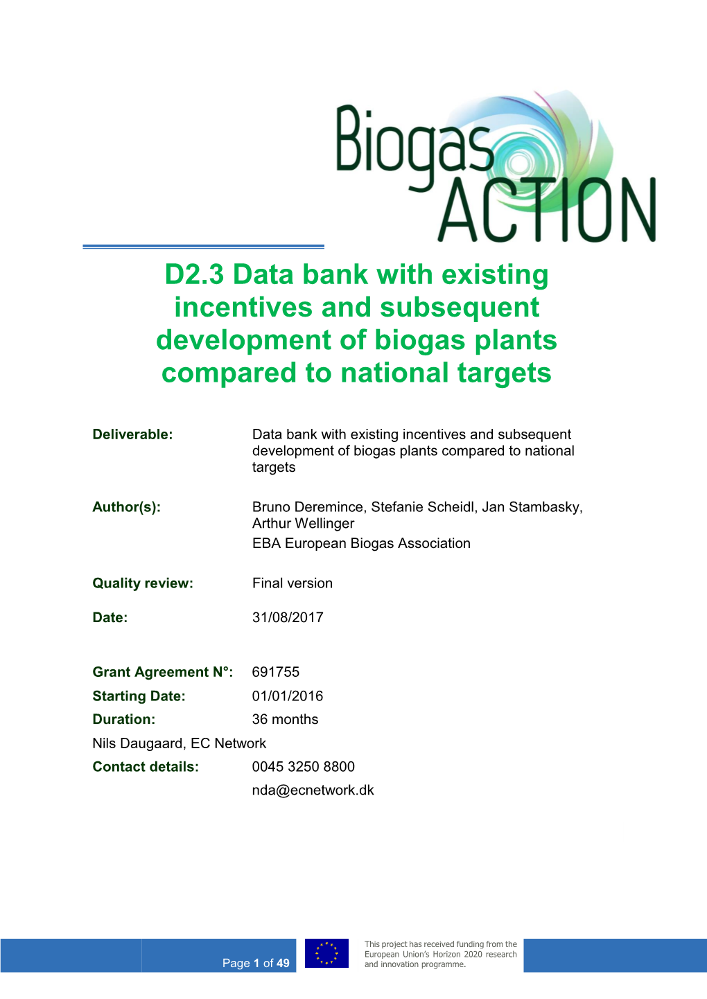 D2.3 Data Bank with Existing Incentives and Subsequent Development of Biogas Plants Compared to National Targets