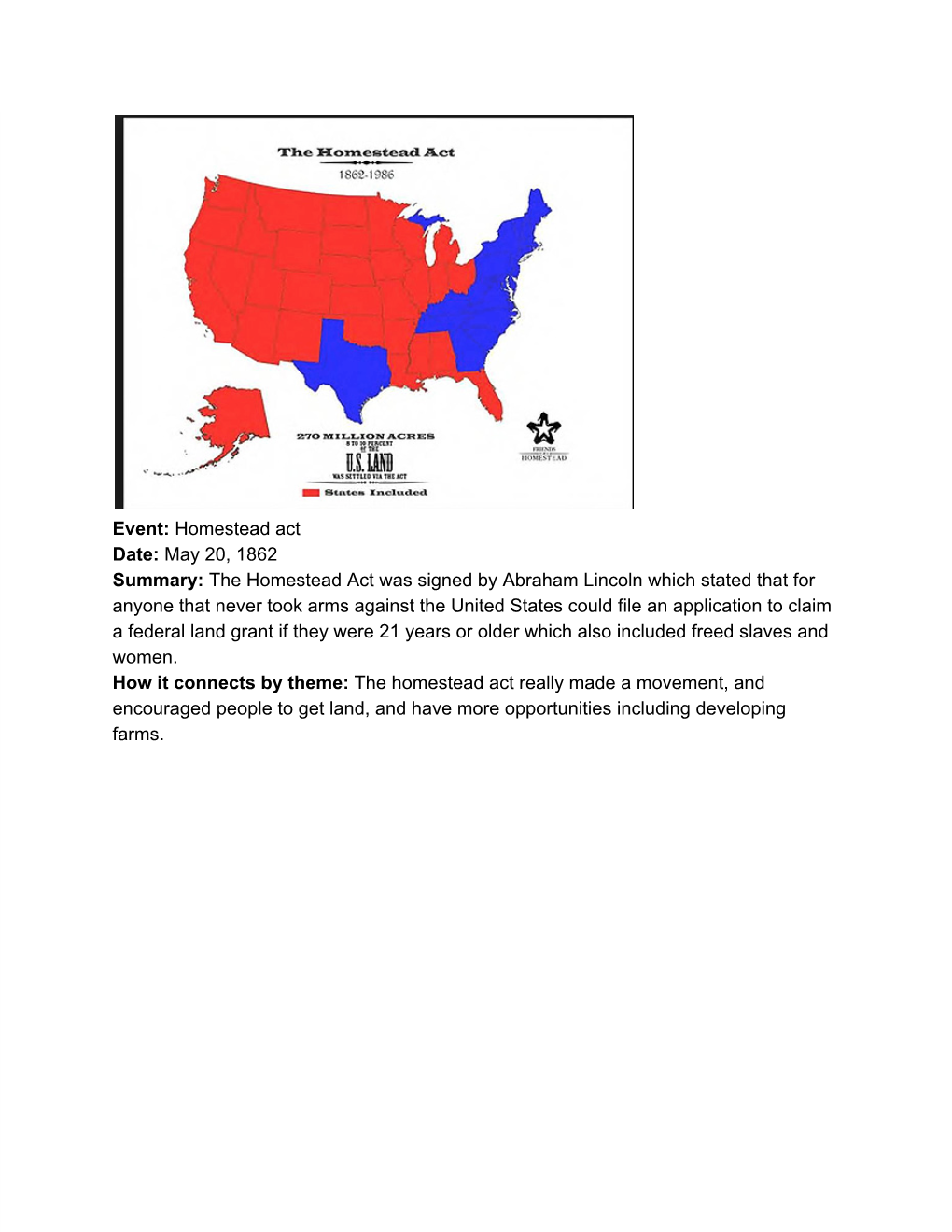 Event:​ Homestead Act Date:​ May 20, 1862 Summary:​ The