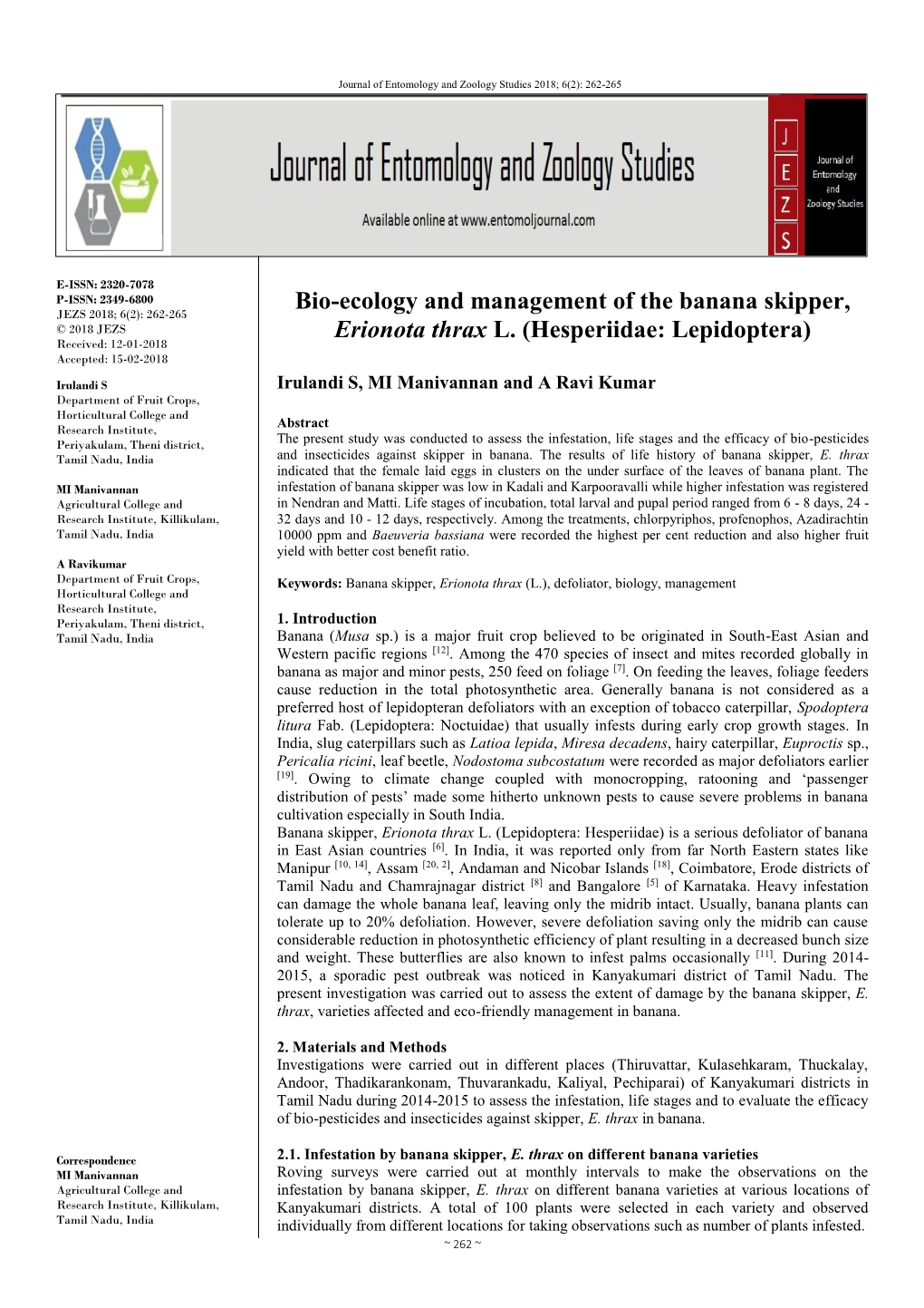 Bio-Ecology and Management of the Banana Skipper, Erionota Thrax L