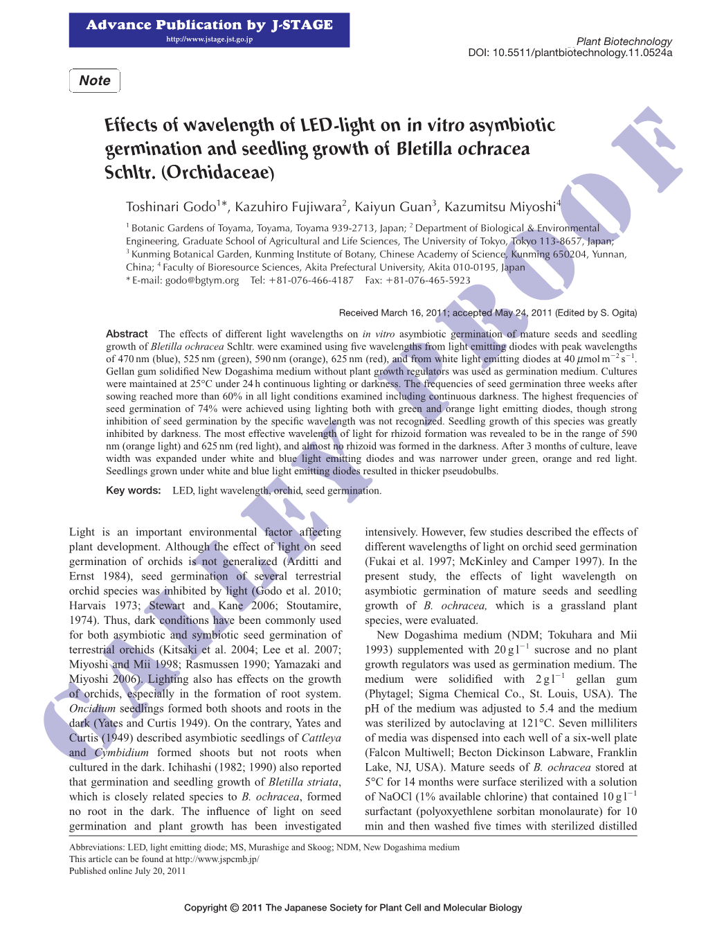 Effects of Wavelength of LED-Light on in Vitro Asymbiotic Germination and Seedling Growth of Bletilla Ochracea Schltr