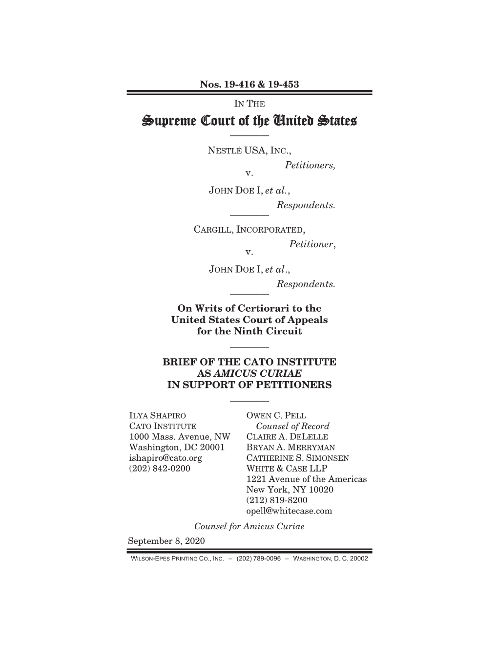 Cato Institute As Amicus Curiae in Support of Petitioners ———— Ilya Shapiro Owen C