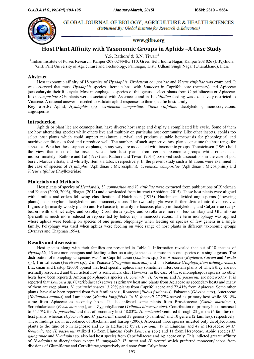 Host Plant Affinity with Taxonomic Groups in Aphids –A Case Study Y.S