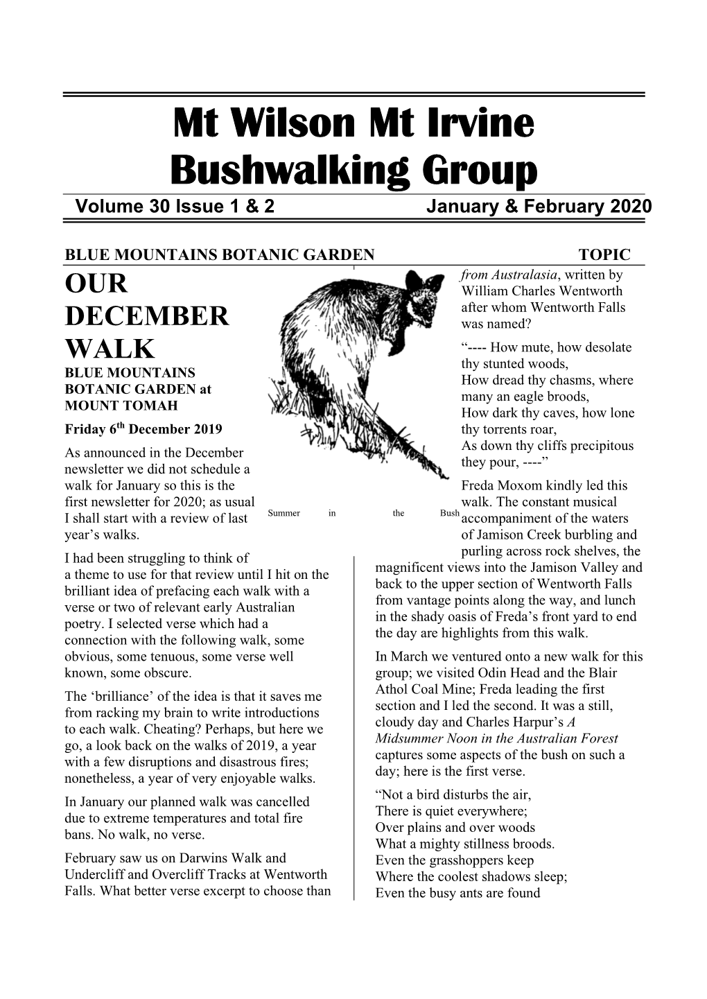 Mt Wilson Mt Irvine Bushwalking Group Volume 30 Issue 1 & 2 January & February 2020