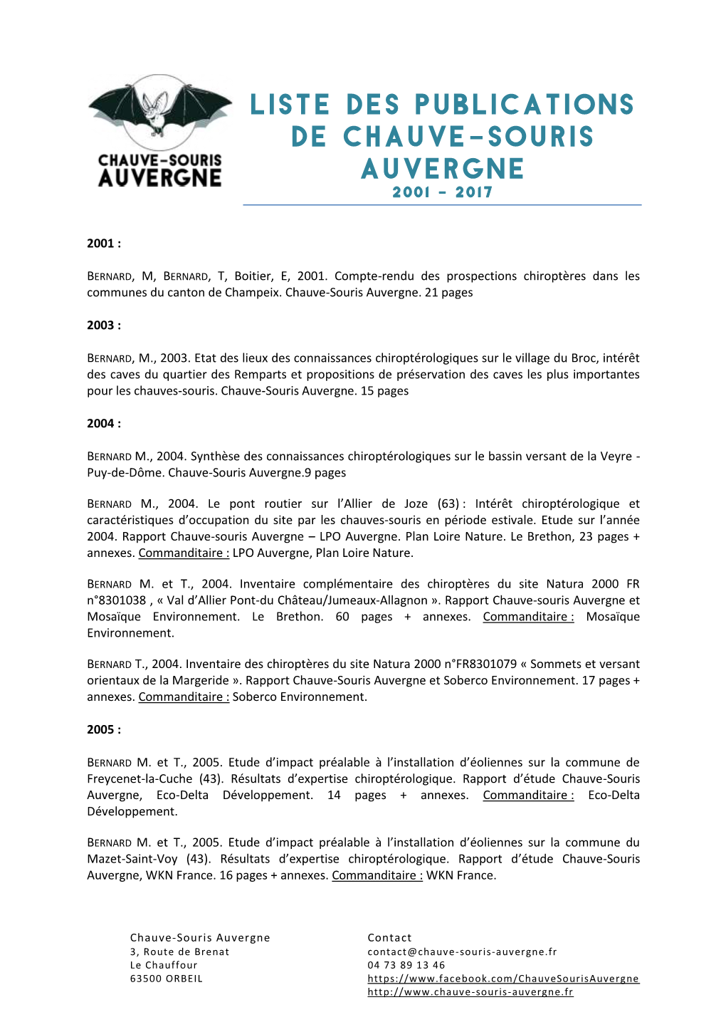 Liste Des Publications De Chauve-Souris Auvergne 2001 - 2017