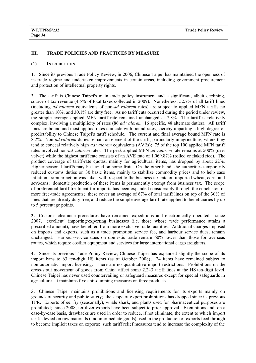 III. Trade Policies and Practices by Measure s5