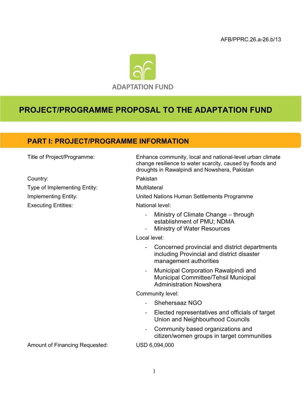 Project/Programme Proposal to the Adaptation Fund