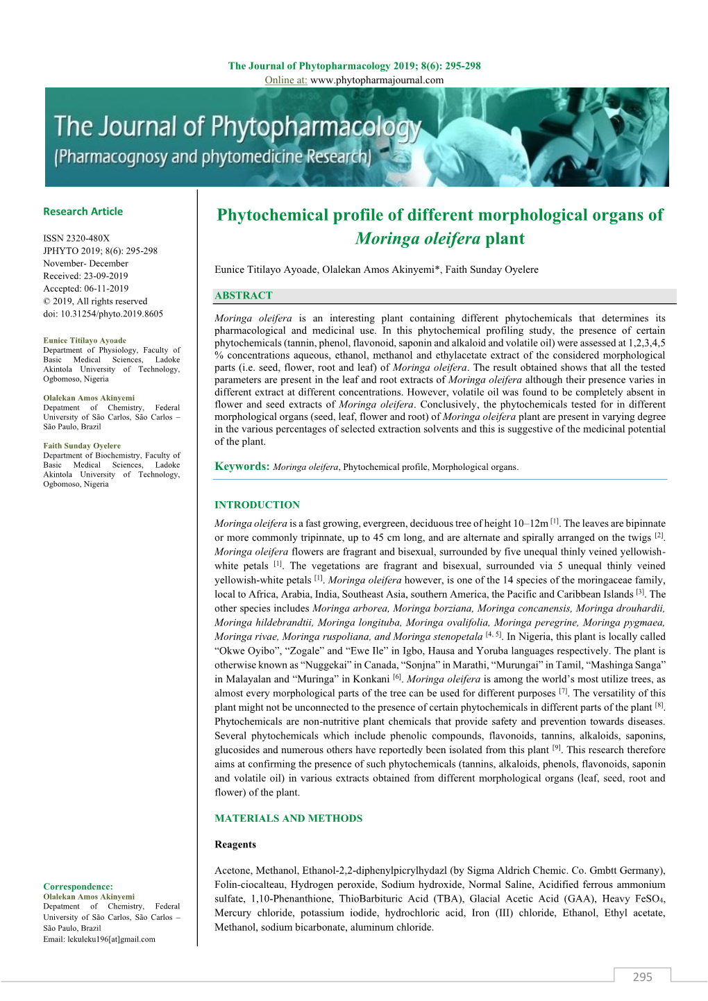 Phytochemical Profile of Different Morphological Organs of Moringa Oleifera Plant