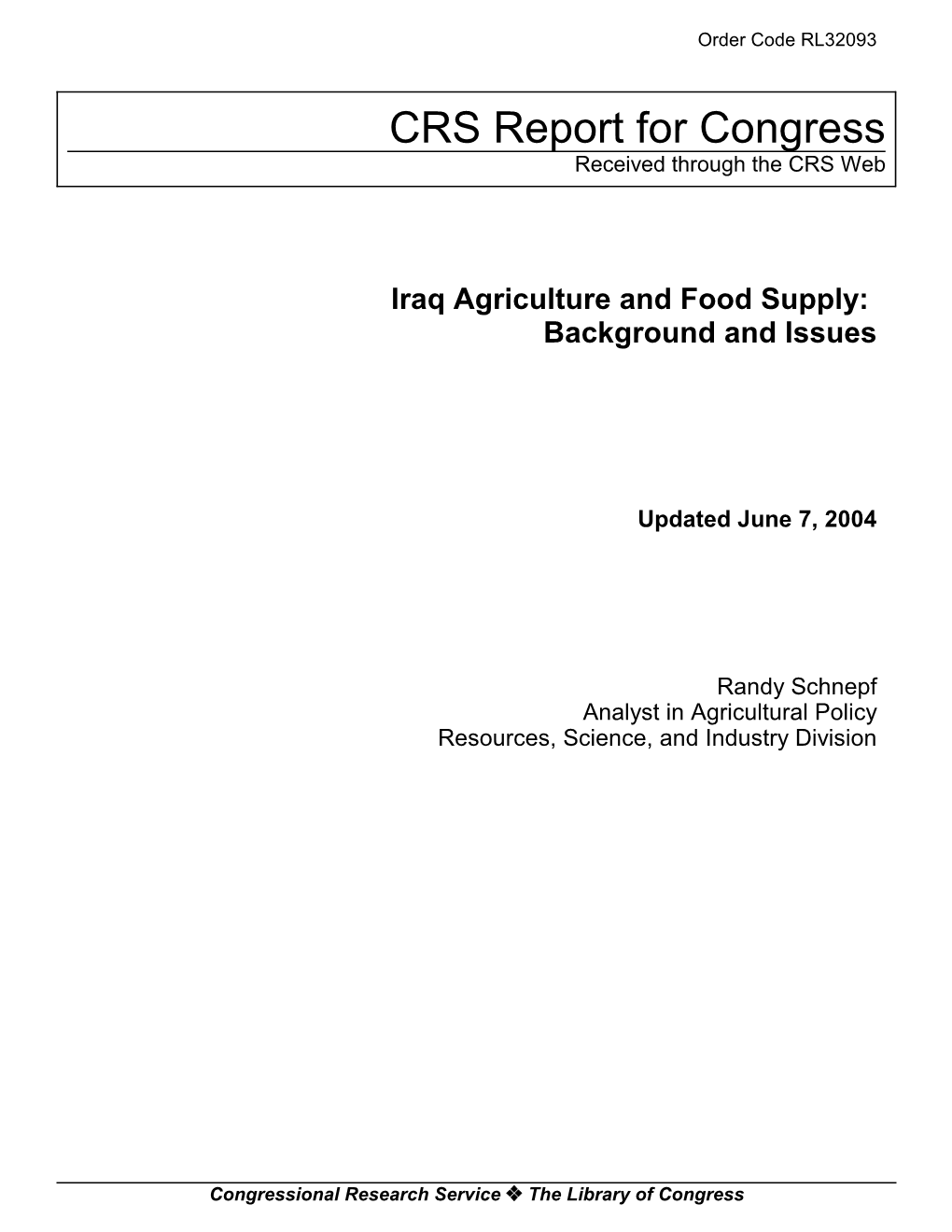Iraq Agriculture and Food Supply: Background and Issues