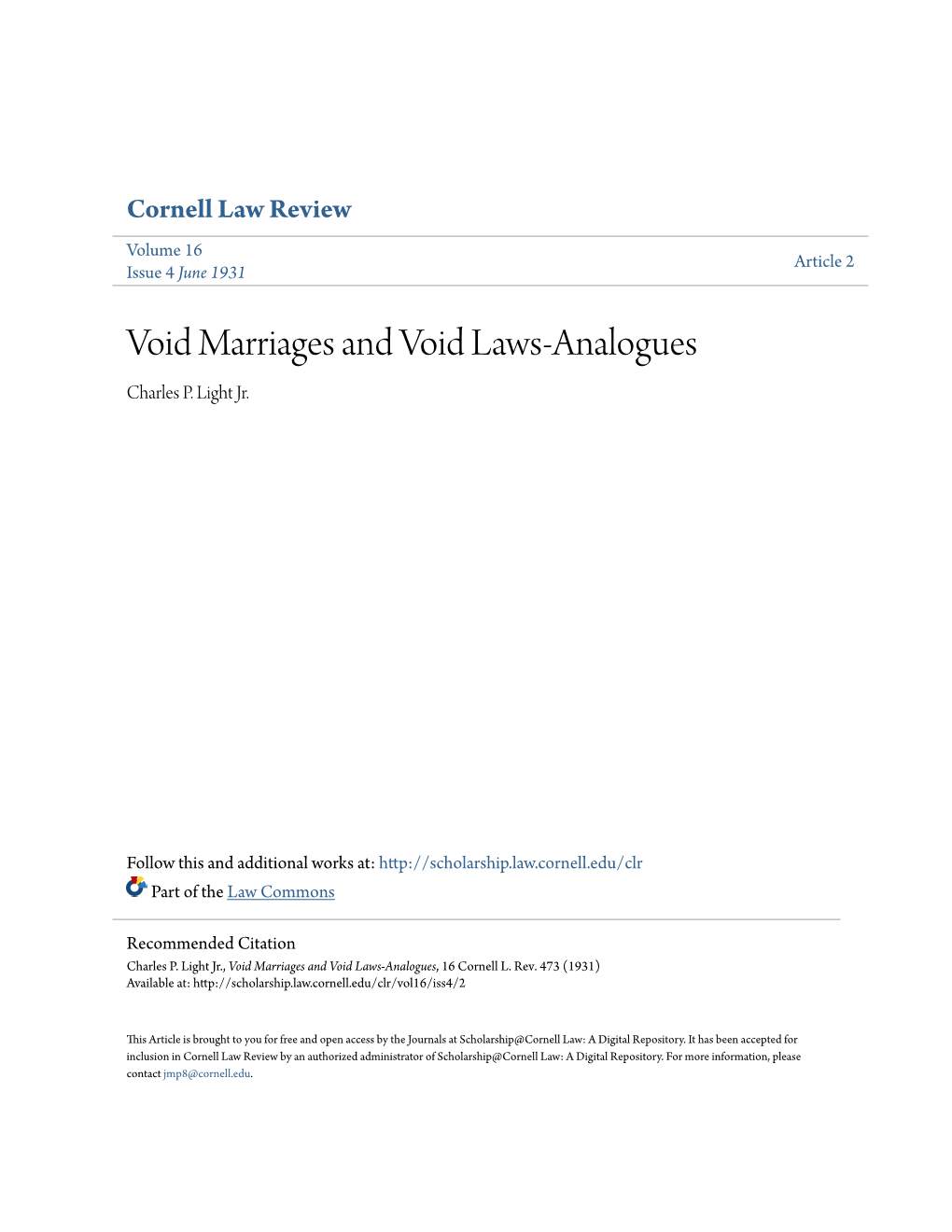 Void Marriages and Void Laws-Analogues Charles P