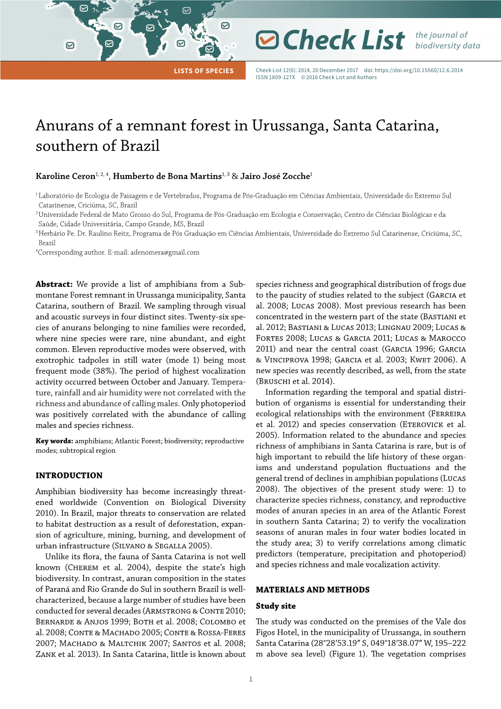 Anurans of a Remnant Forest in Urussanga, Santa Catarina, Southern of Brazil