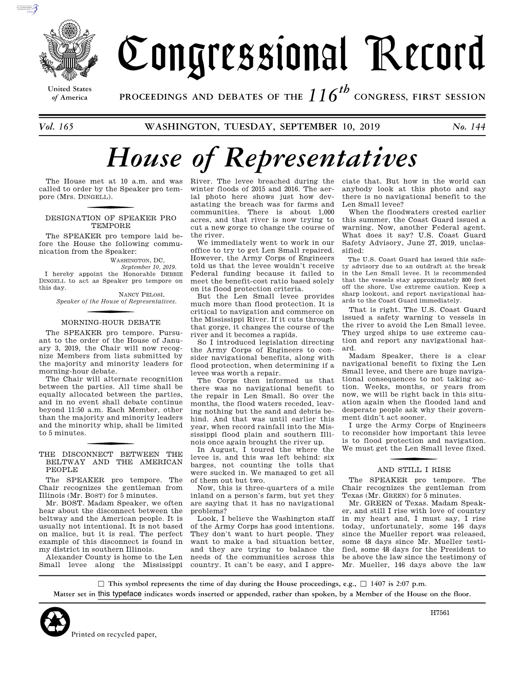 Congressional Record United States Th of America PROCEEDINGS and DEBATES of the 116 CONGRESS, FIRST SESSION