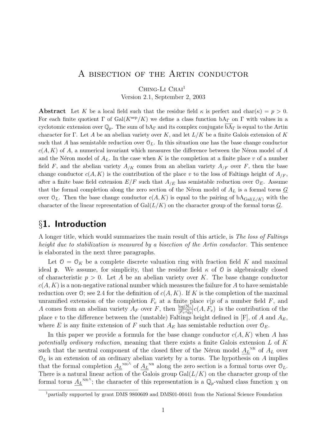 A Bisection of the Artin Conductor §1. Introduction