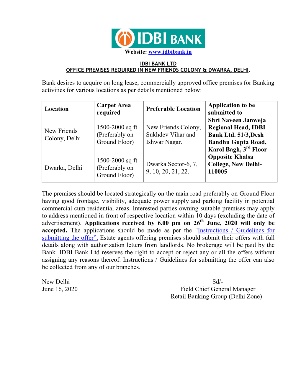 Bank Desires to Acquire on Long Lease, Commercially Approved Office Premises for Banking Activities for Various Locations As Per Details Mentioned Below