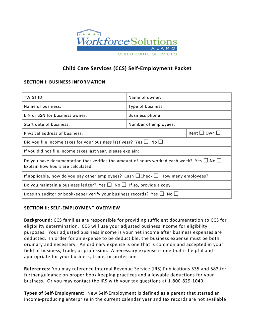Child Care Services (CCS) Self-Employment Packet