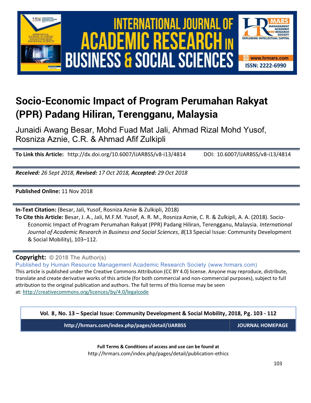 Socio-Economic Impact of Program Perumahan Rakyat (PPR) Padang Hiliran, Terengganu, Malaysia