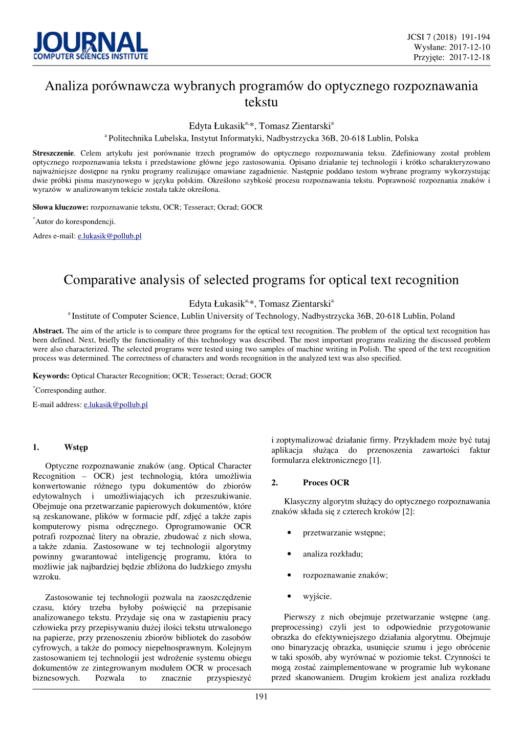 Comparative Analysis of Selected Programs for Optical Text Recognition