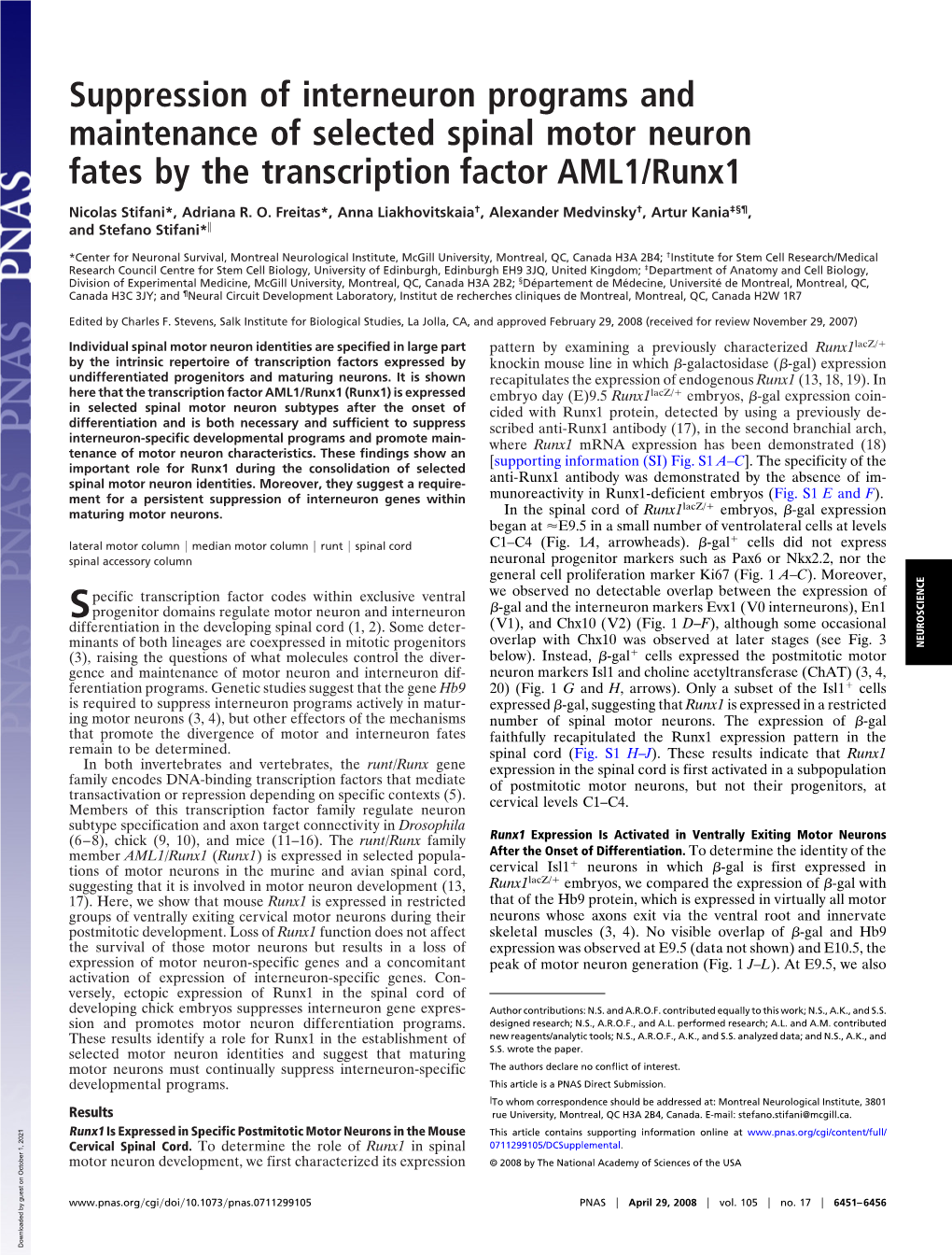 Suppression of Interneuron Programs and Maintenance of Selected Spinal Motor Neuron Fates by the Transcription Factor AML1/Runx1