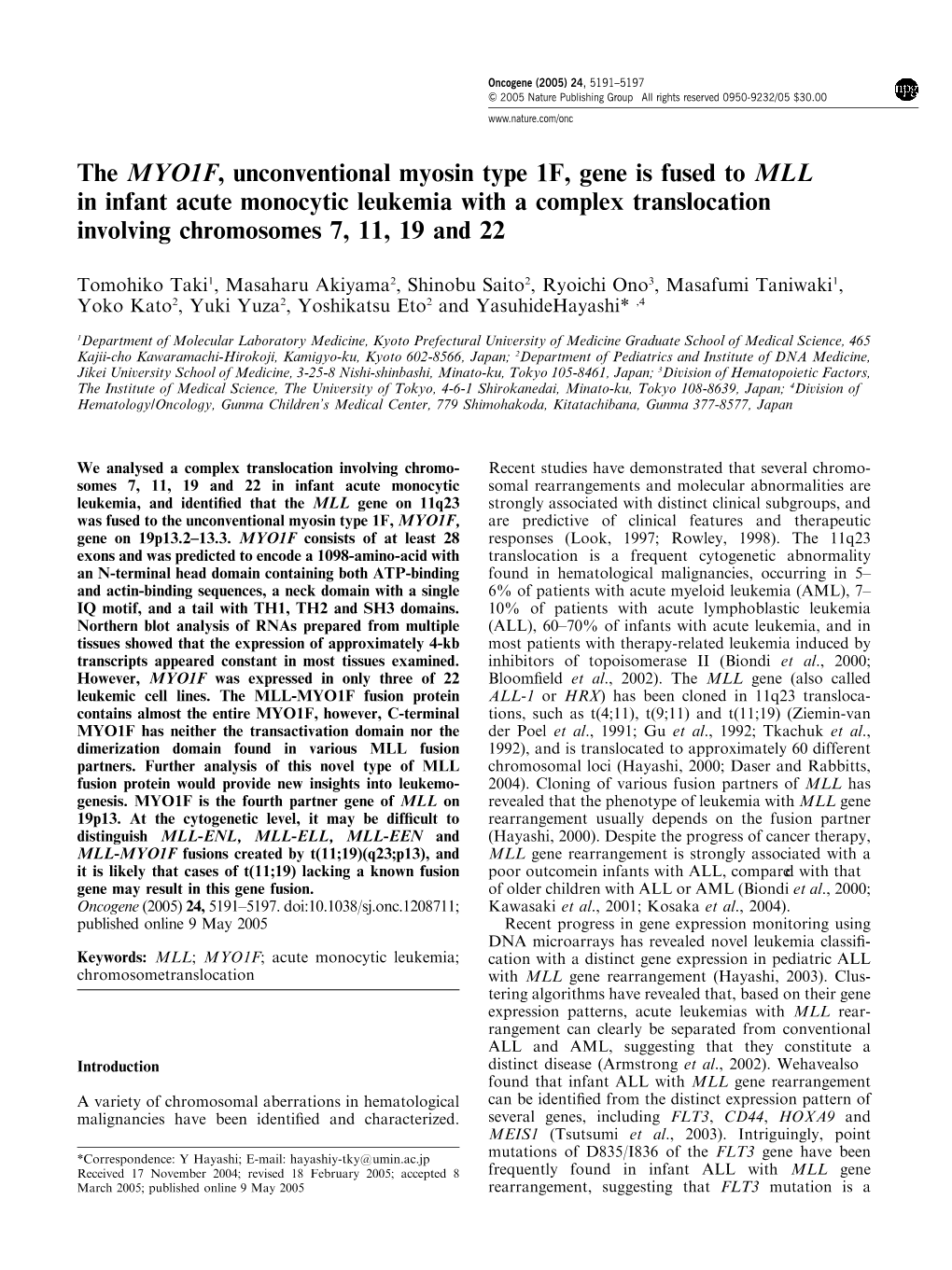 The MYO1F, Unconventional Myosin Type 1F, Gene Is Fused to MLL in Infant Acute Monocytic Leukemia with a Complex Translocation Involving Chromosomes 7, 11, 19 and 22