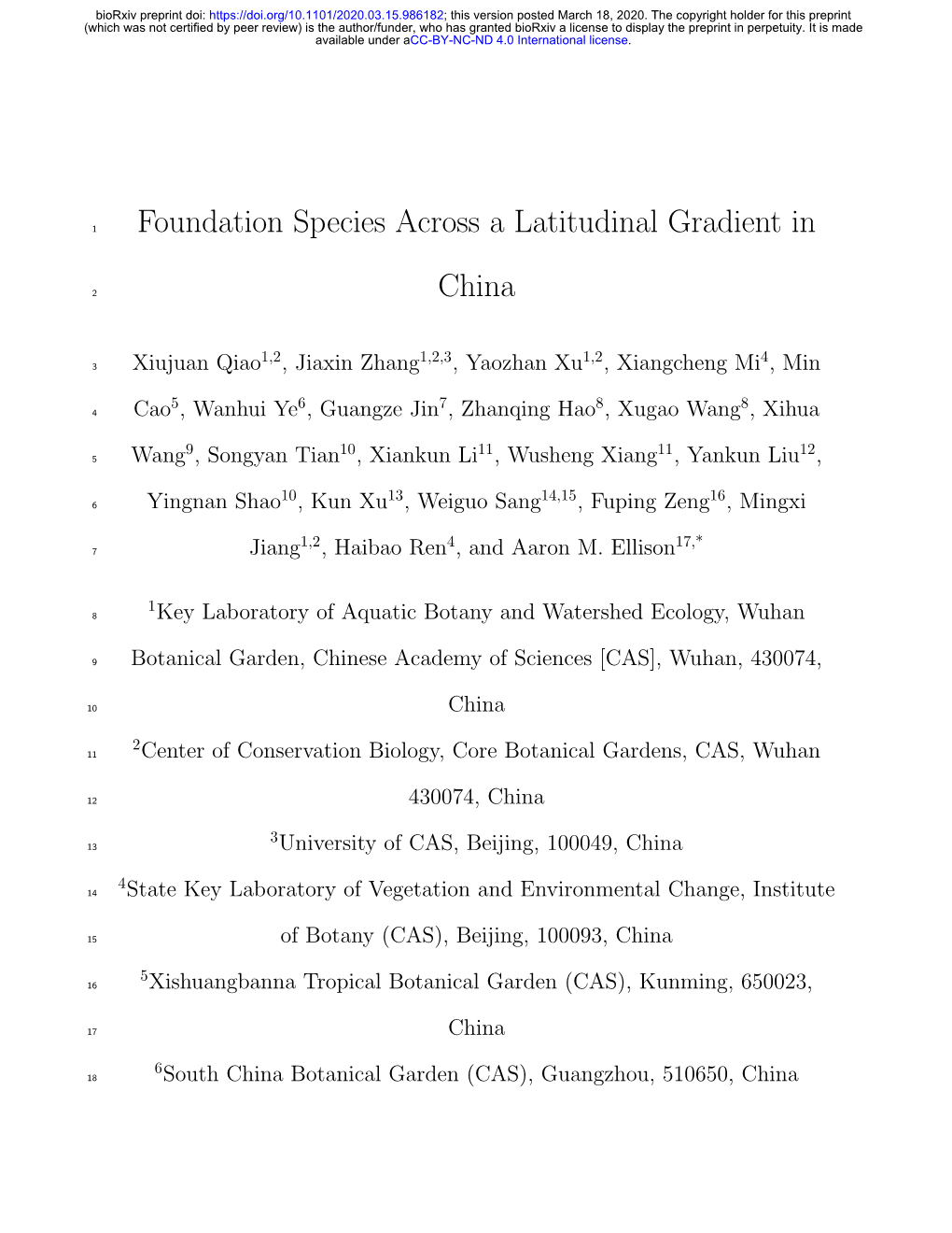 Foundation Species Across a Latitudinal Gradient in China