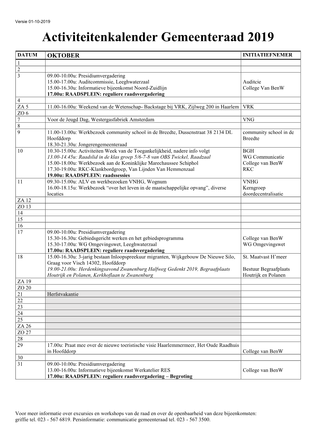 Activiteitenkalender Gemeenteraad 2019