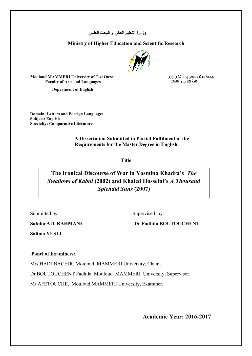 2016-2017 the Ironical Discourse of War in Yasmina Khadra's The