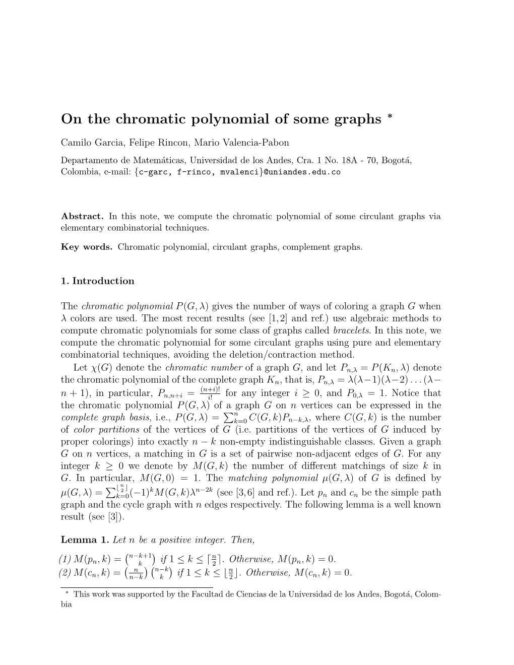 On the Chromatic Polynomial of Some Graphs ∗