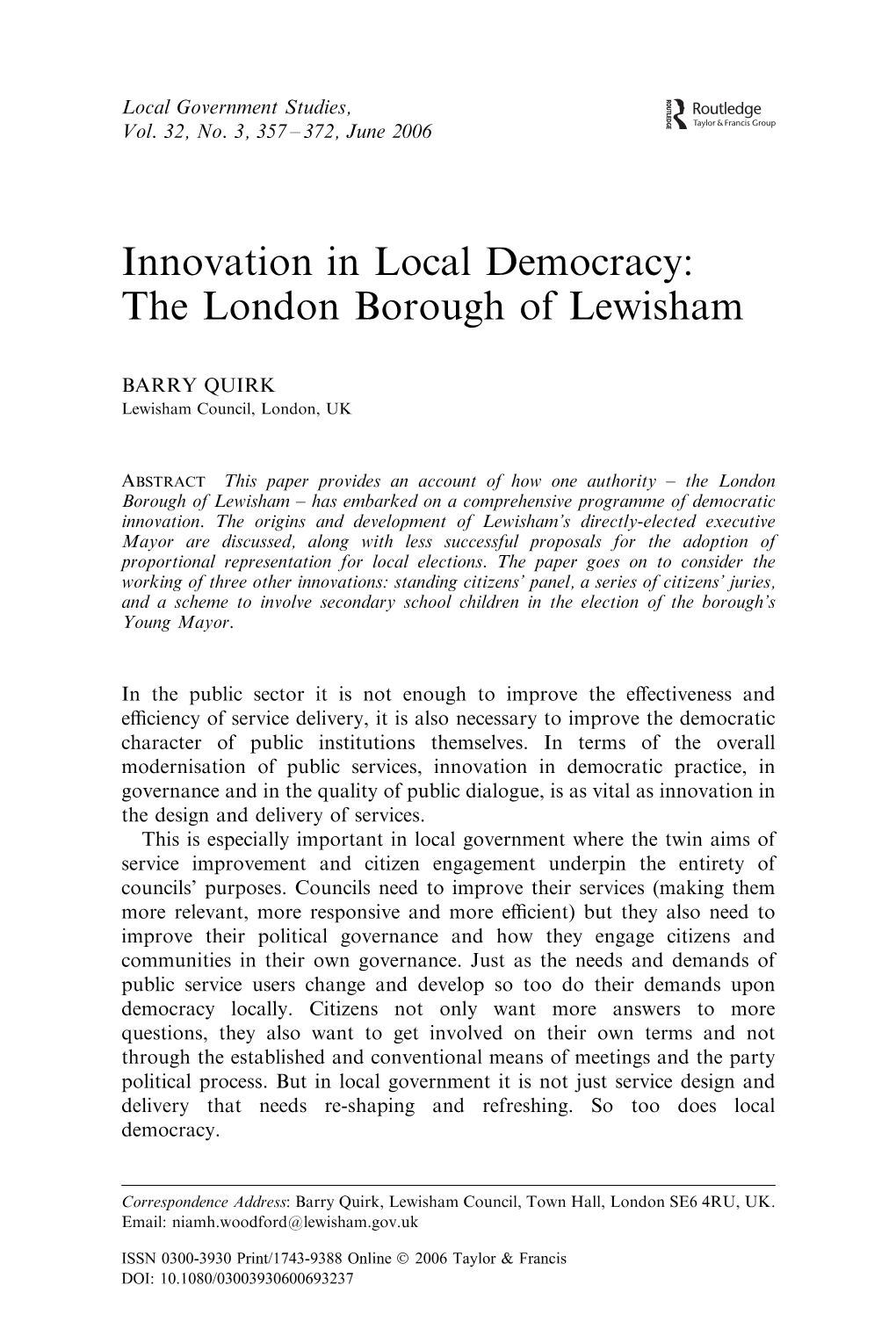 Innovation in Local Democracy: the London Borough of Lewisham